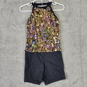 Girls Dance Costume Black & Multicolored sequence biketard Small 4